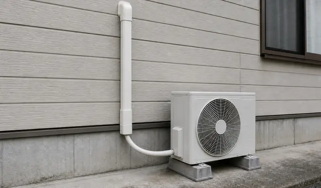 外壁の貫通部から室外機へ続くエアコン配管のイメージ