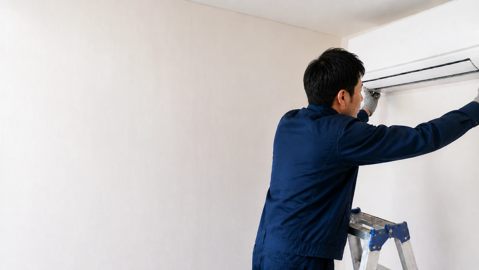 脚立上で家庭用エアコン室内機を取り付ける作業員の施工イメージ