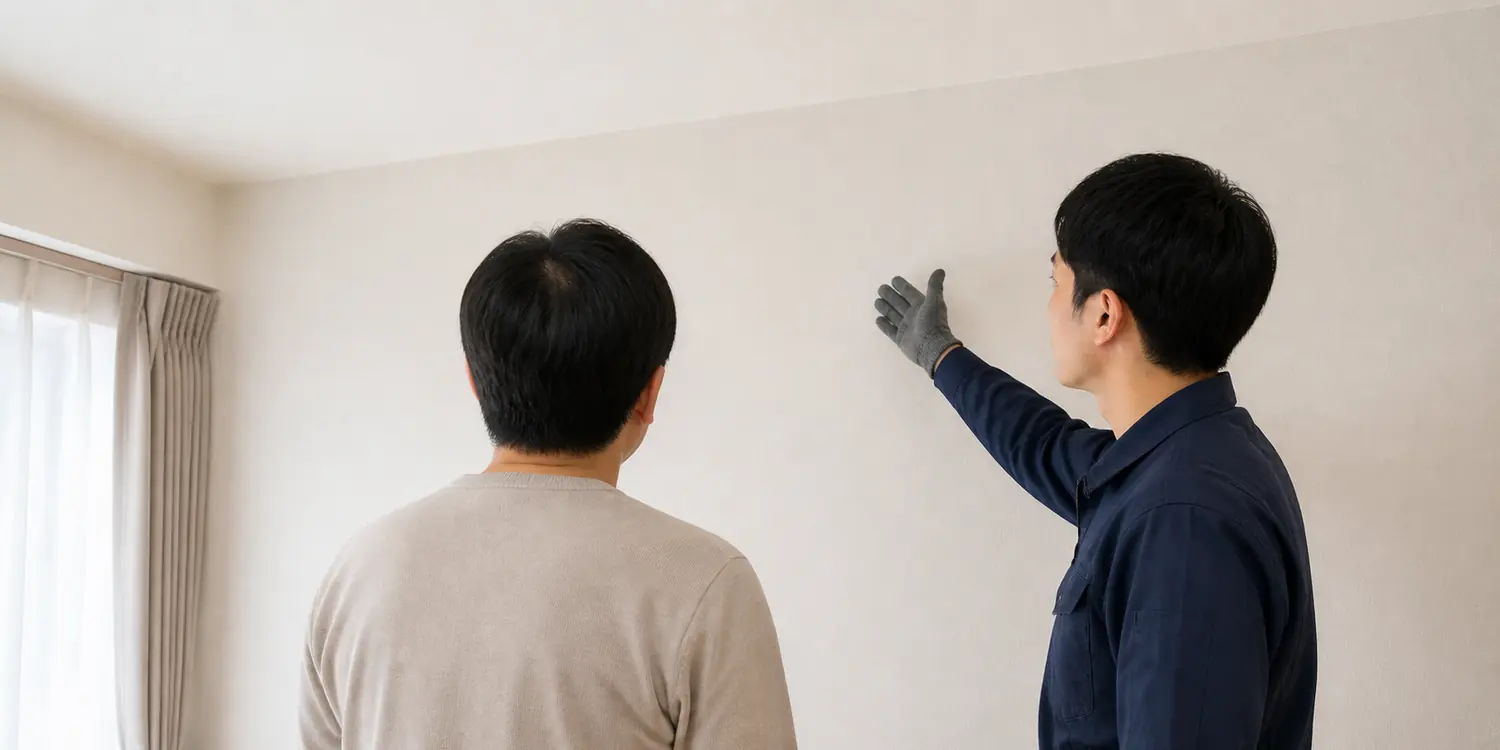 技術者とお客様がエアコンの取付予定位置を一緒に確認しているイメージ