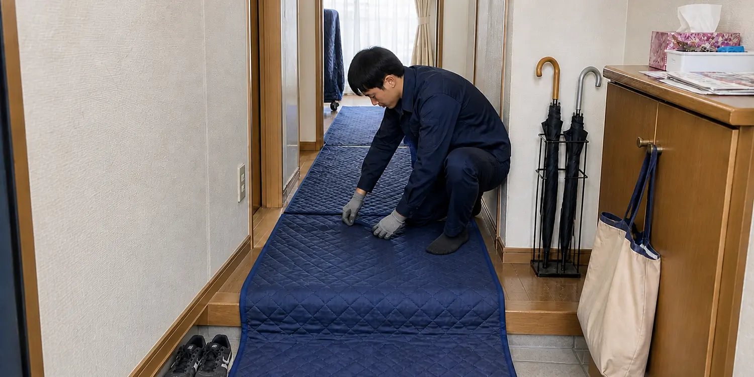 技術者が靴置き場から作業場所まで床養生を敷いているイメージ