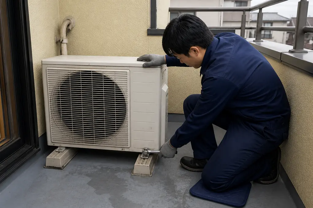 技術者が集合住宅のベランダで古い室外機の固定ボルトを外しているイメージ