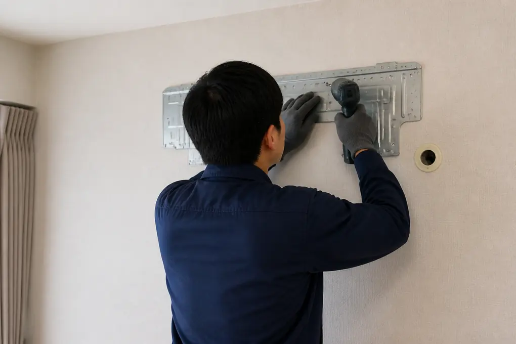 技術者が取付板の作業中心に立ち固定ねじを締めているイメージ