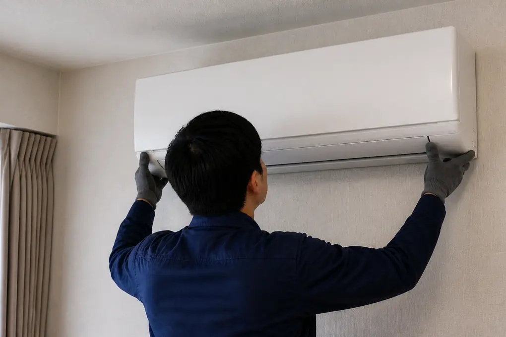 技術者が室内機の下端を押し込んで取付板へ固定しているイメージ