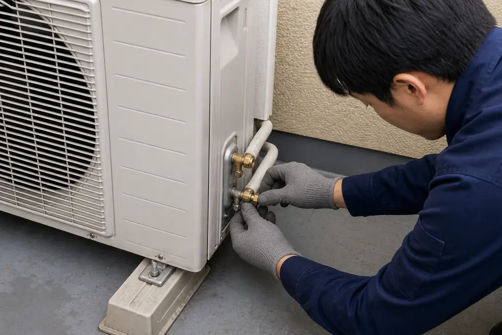 技術者が化粧ダクトへ収めた二本の冷媒配管を室外機へ接続しているイメージ