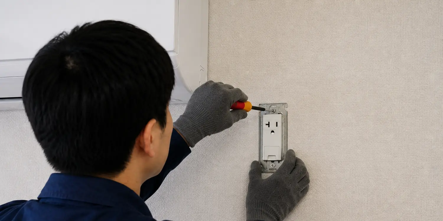技術者がエアコン用コンセントを取付枠へ固定しているイメージ