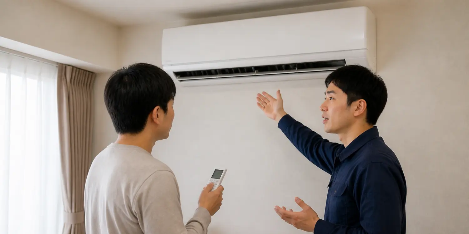 技術者が工事後に身振りを交えて操作方法を説明しお客様がリモコンを確認しているイメージ