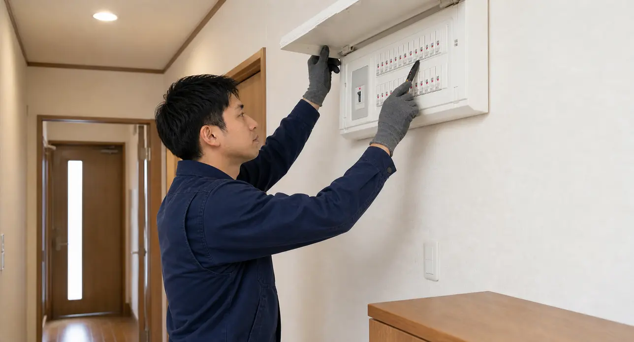 玄関ホール側の廊下で住宅分電盤を確認する電気工事のイメージ