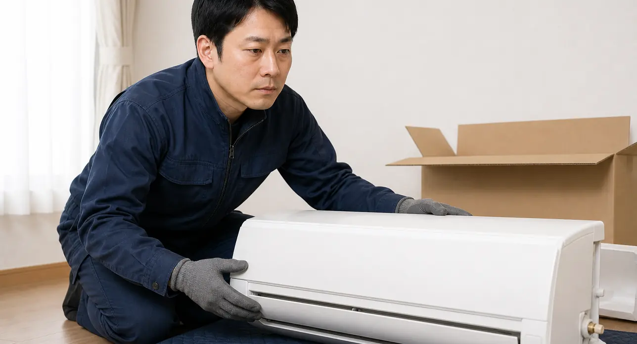 日本の住宅で技術者が購入済みの壁掛けエアコン室内機を取付前に確認しているイメージ