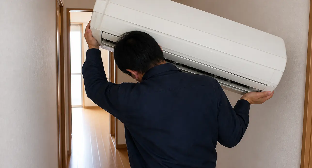 日本の住宅で技術者が移設する壁掛けエアコン室内機を肩に載せて廊下を運んでいるイメージ