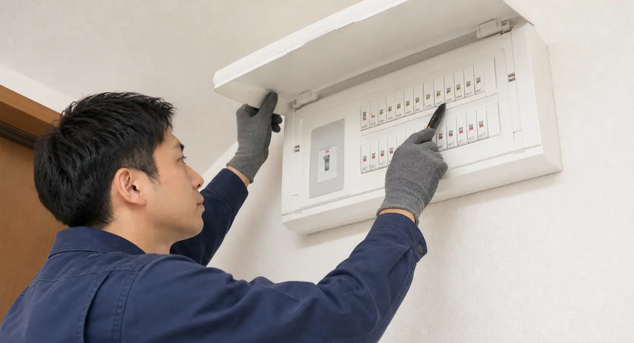 日本の住宅で技術者が分電盤のエアコン専用回路を確認しているイメージ