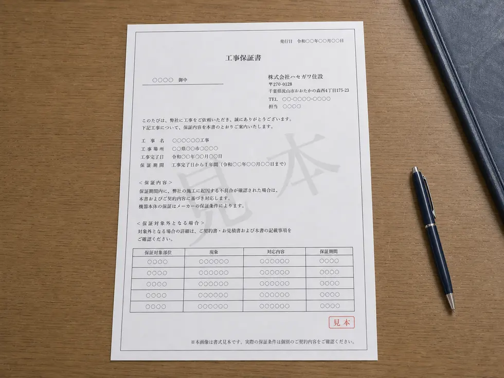 工事完了時にお渡しする1年間の工事保証書のイメージ
